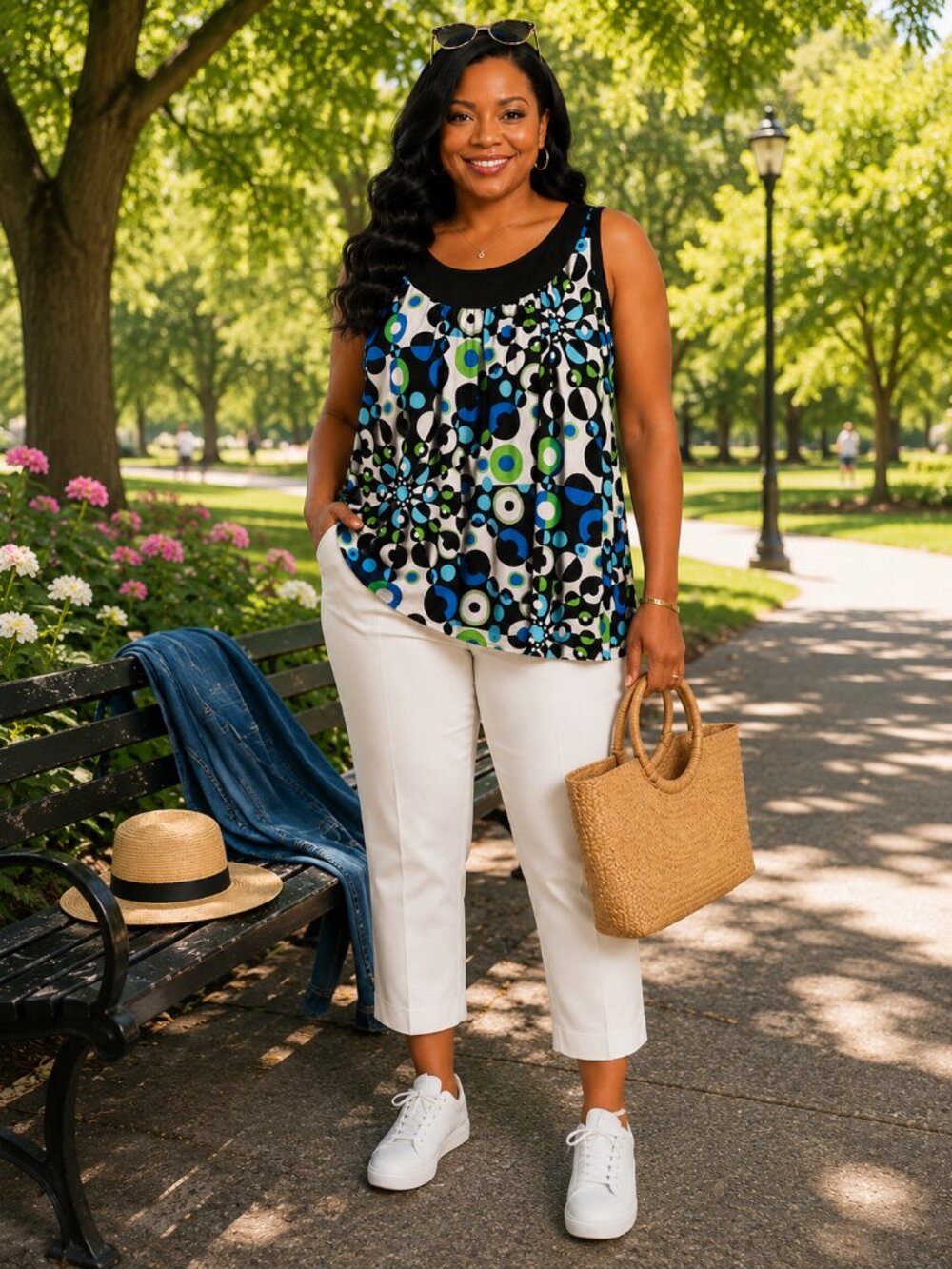 Sleeveless Patterned Blouse in Blue, Black & Green